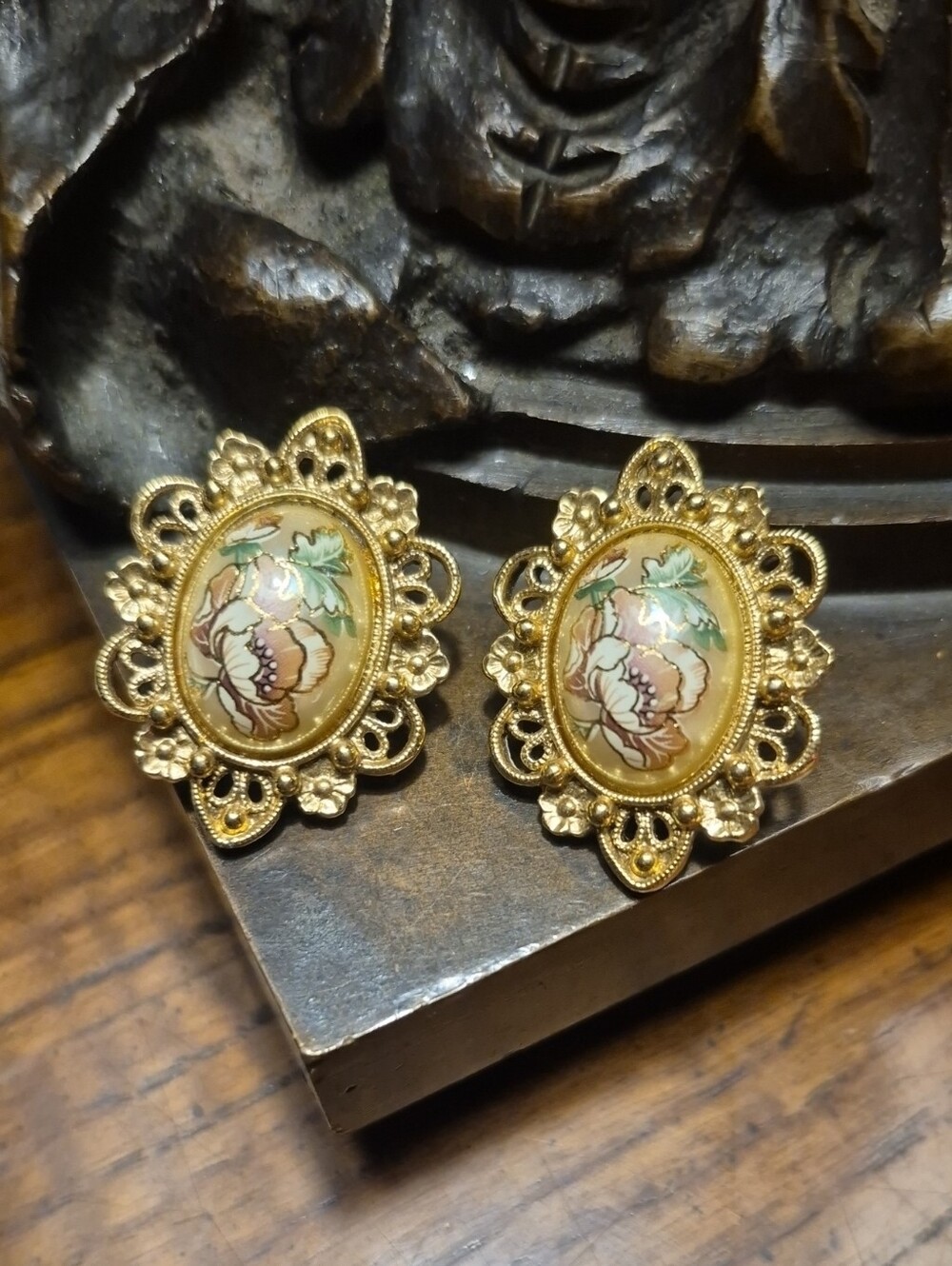 1928 Vintage Floral Filagree Goldtone Earrings